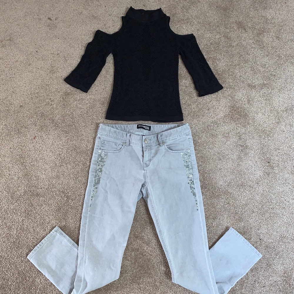 Custom EXPRESS Rhinestone Jeans + BEBE Open Shoulder Top